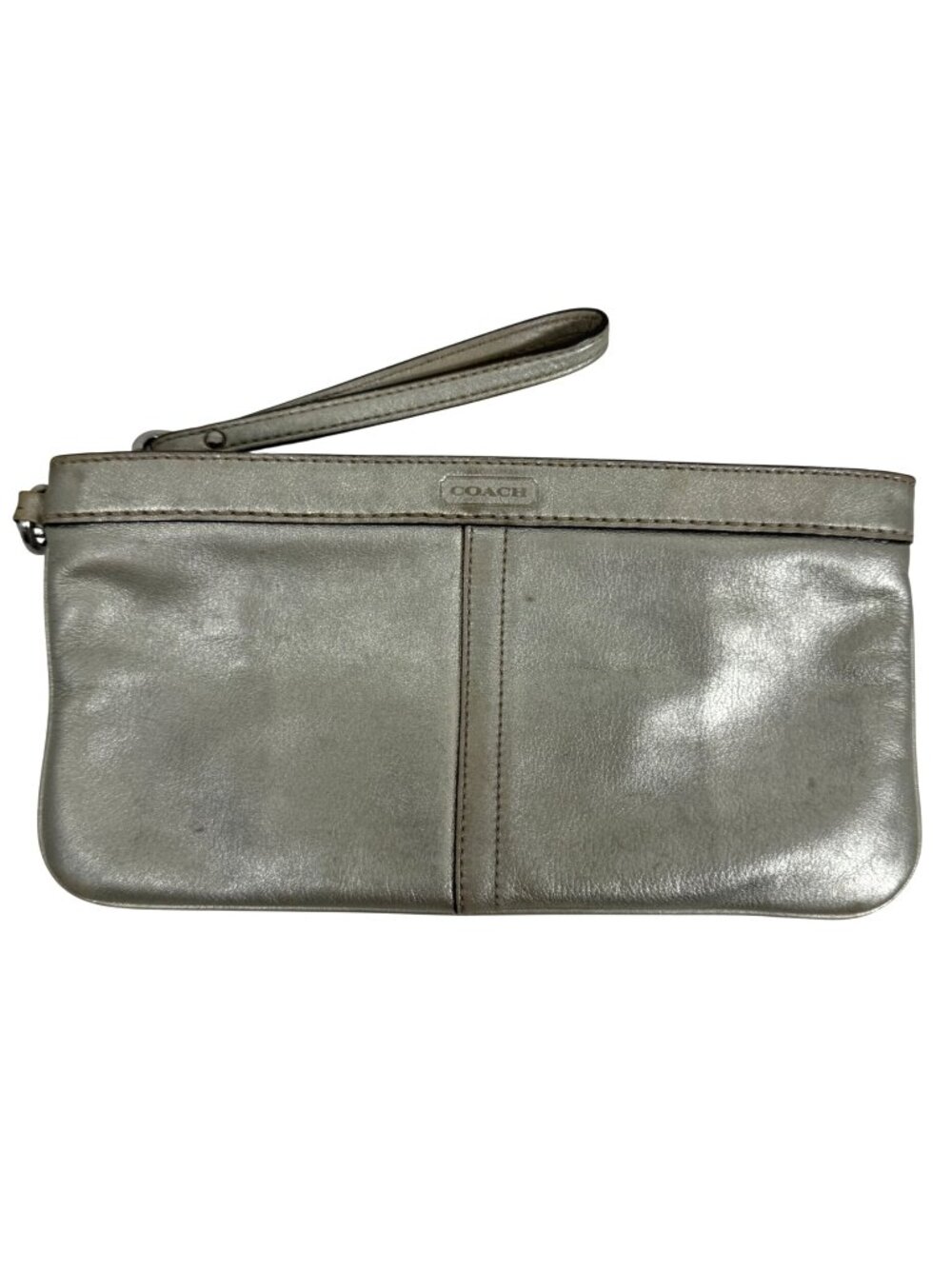 Coach Metallic Silver/Gold Leather Top Zip Clutch Wristlet Detachable Strap